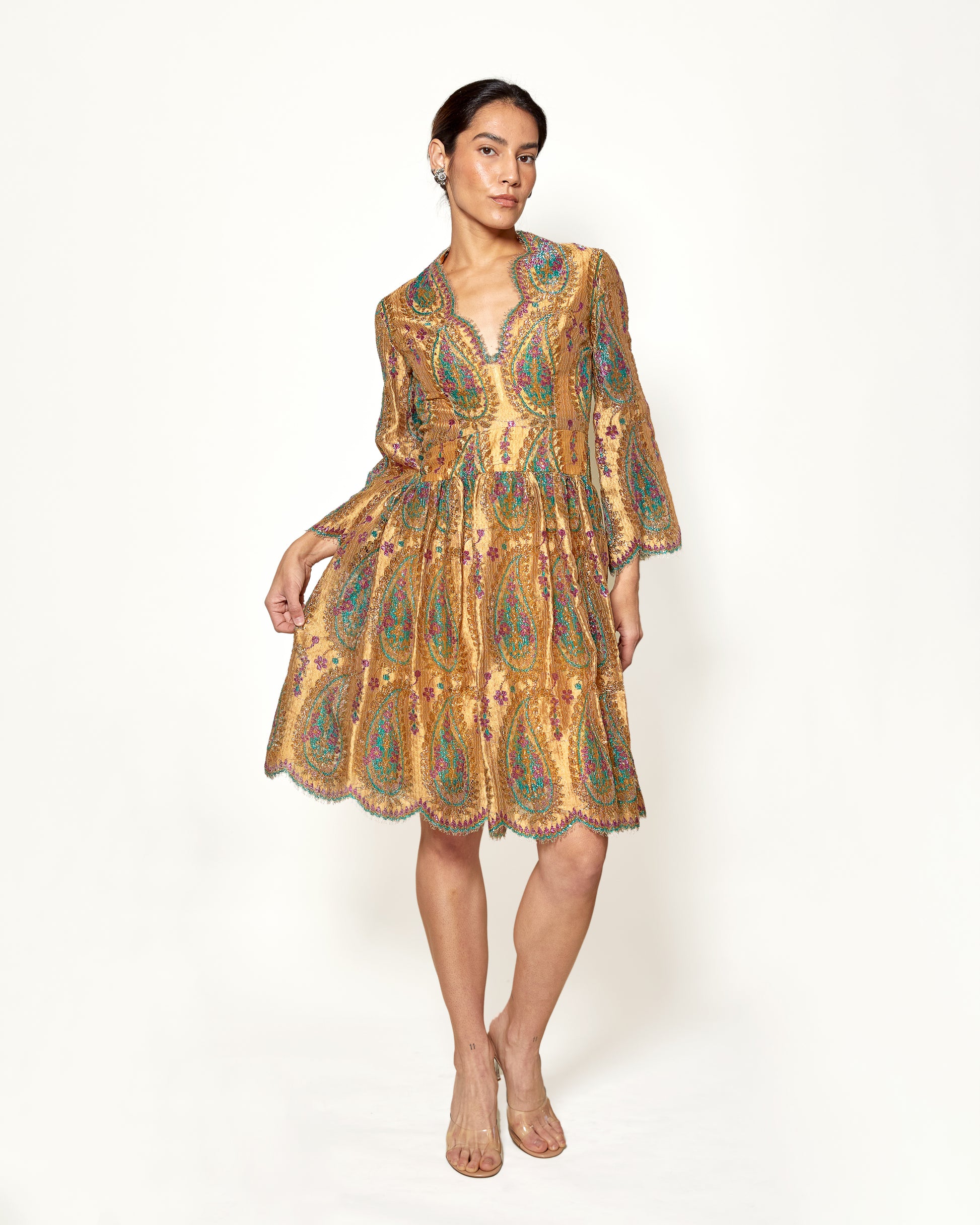 Vintage 1968 Bill Blass for Maurice Rentner Gold Lace Paisley Dress - The Kit Vintage