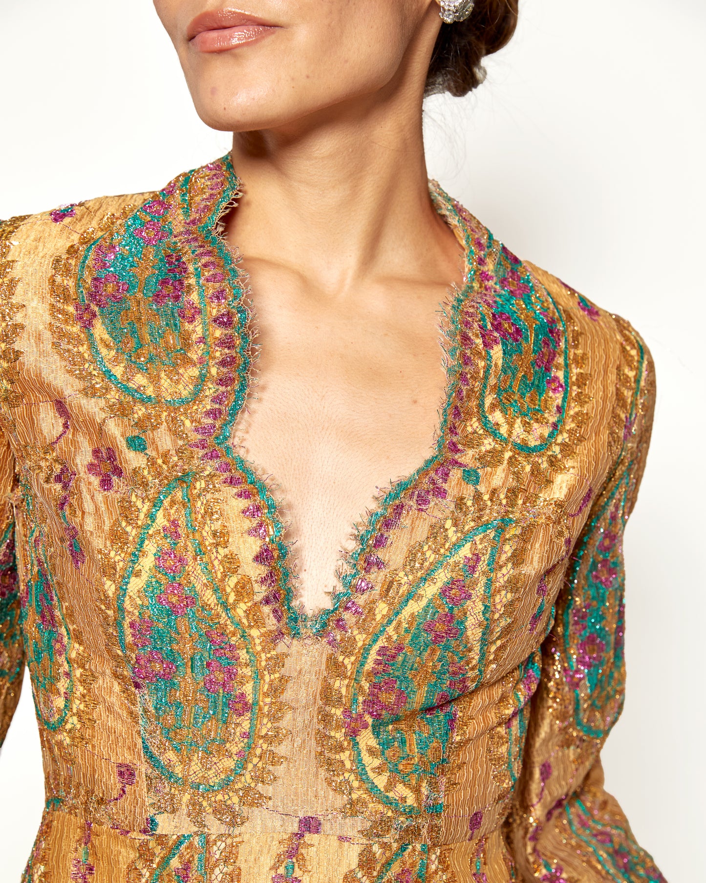 Vintage 1968 Bill Blass for Maurice Rentner Gold Lace Paisley Dress