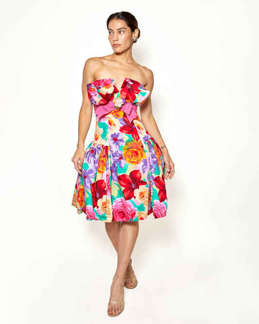 Vintage Victor Costa 80s Floral Strapless Dress - The Kit Vintage