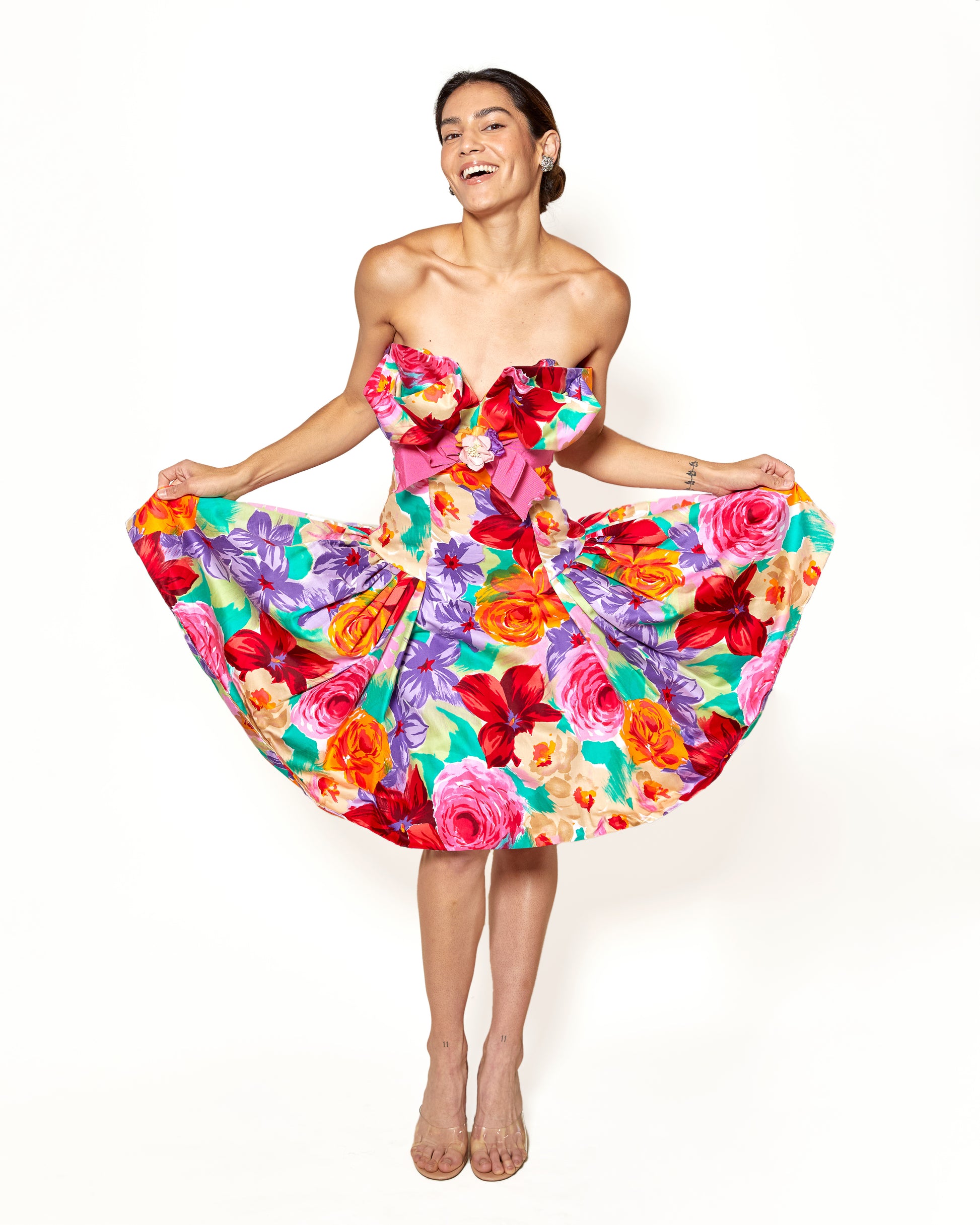 Vintage Victor Costa 80s Floral Strapless Dress - The Kit Vintage