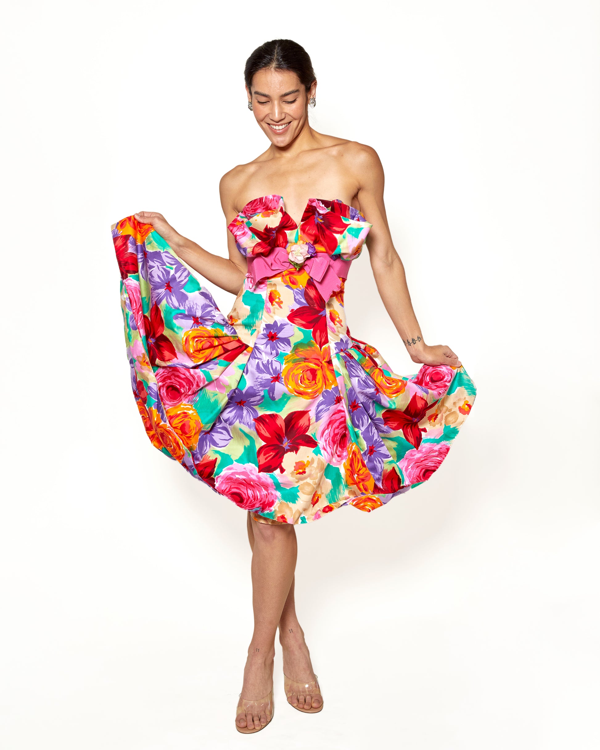 Vintage Victor Costa 80s Floral Strapless Dress - The Kit Vintage