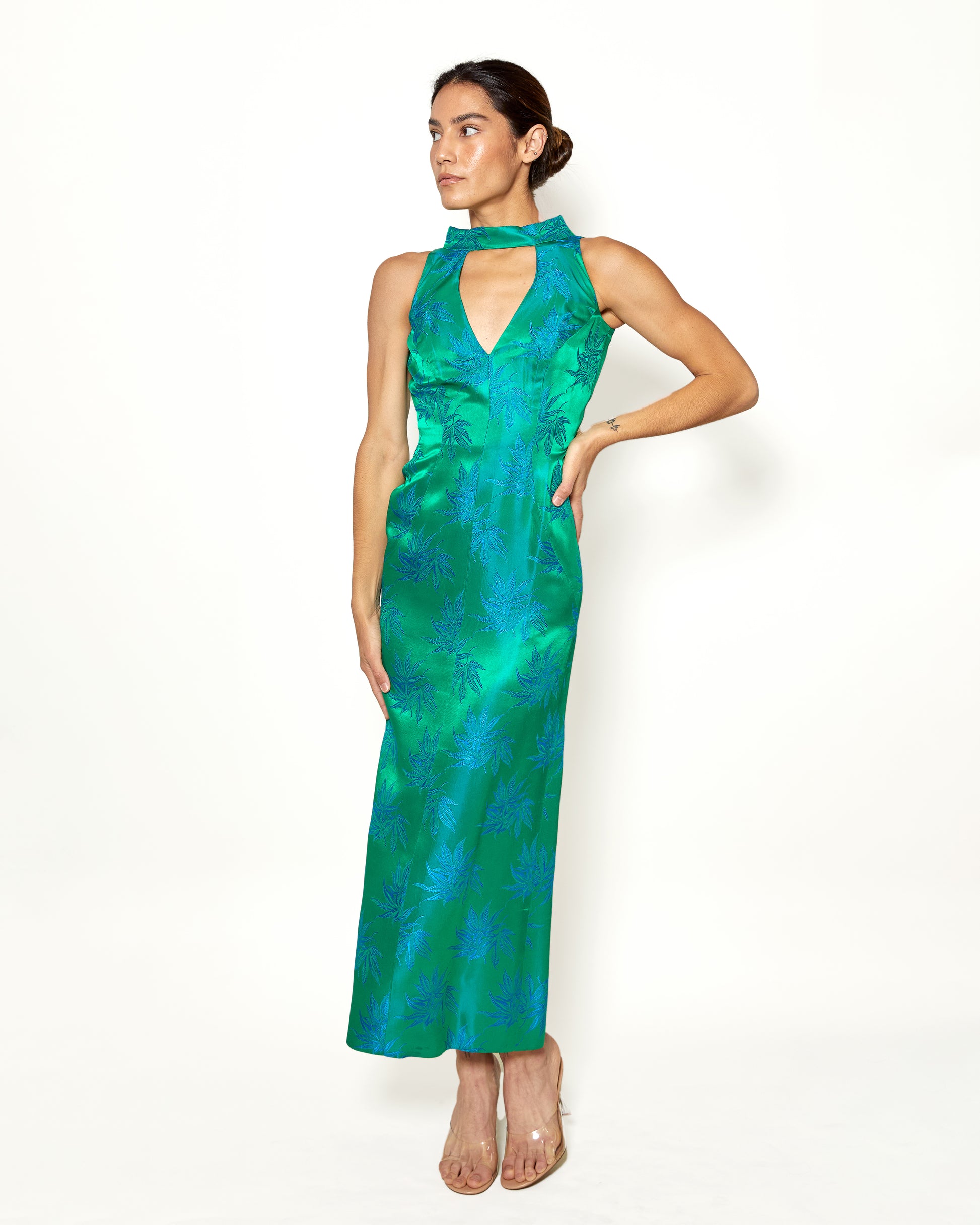 Vintage Estevez Emerald Green with Blue Flowers Silk Gown - The Kit Vintage