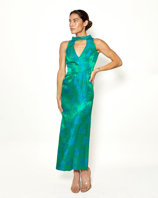 Vintage Estevez Emerald Green with Blue Flowers Silk Gown - The Kit Vintage
