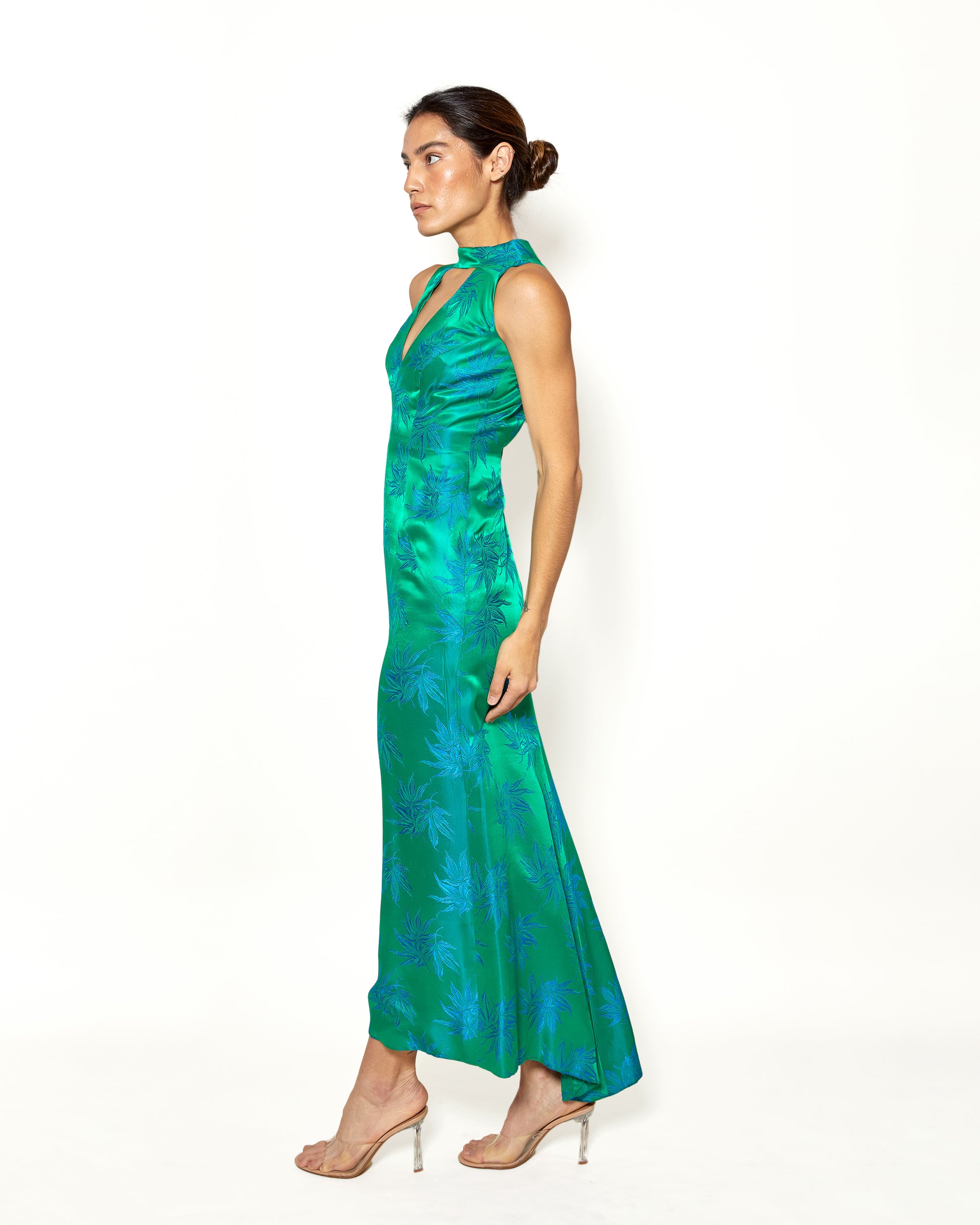 Vintage Estevez Emerald Green with Blue Flowers Silk Gown - The Kit Vintage