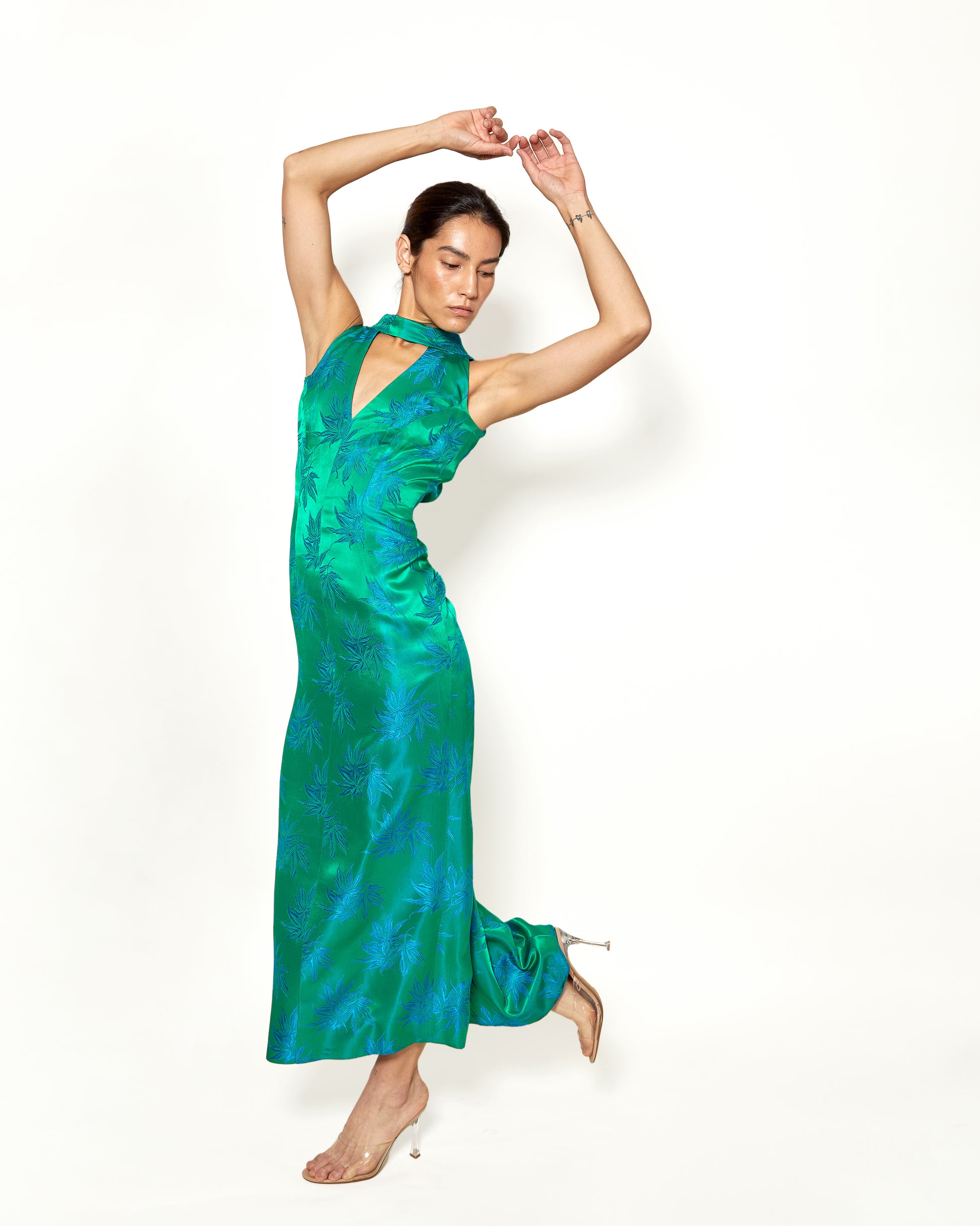Vintage Estevez Emerald Green with Blue Flowers Silk Gown - The Kit Vintage