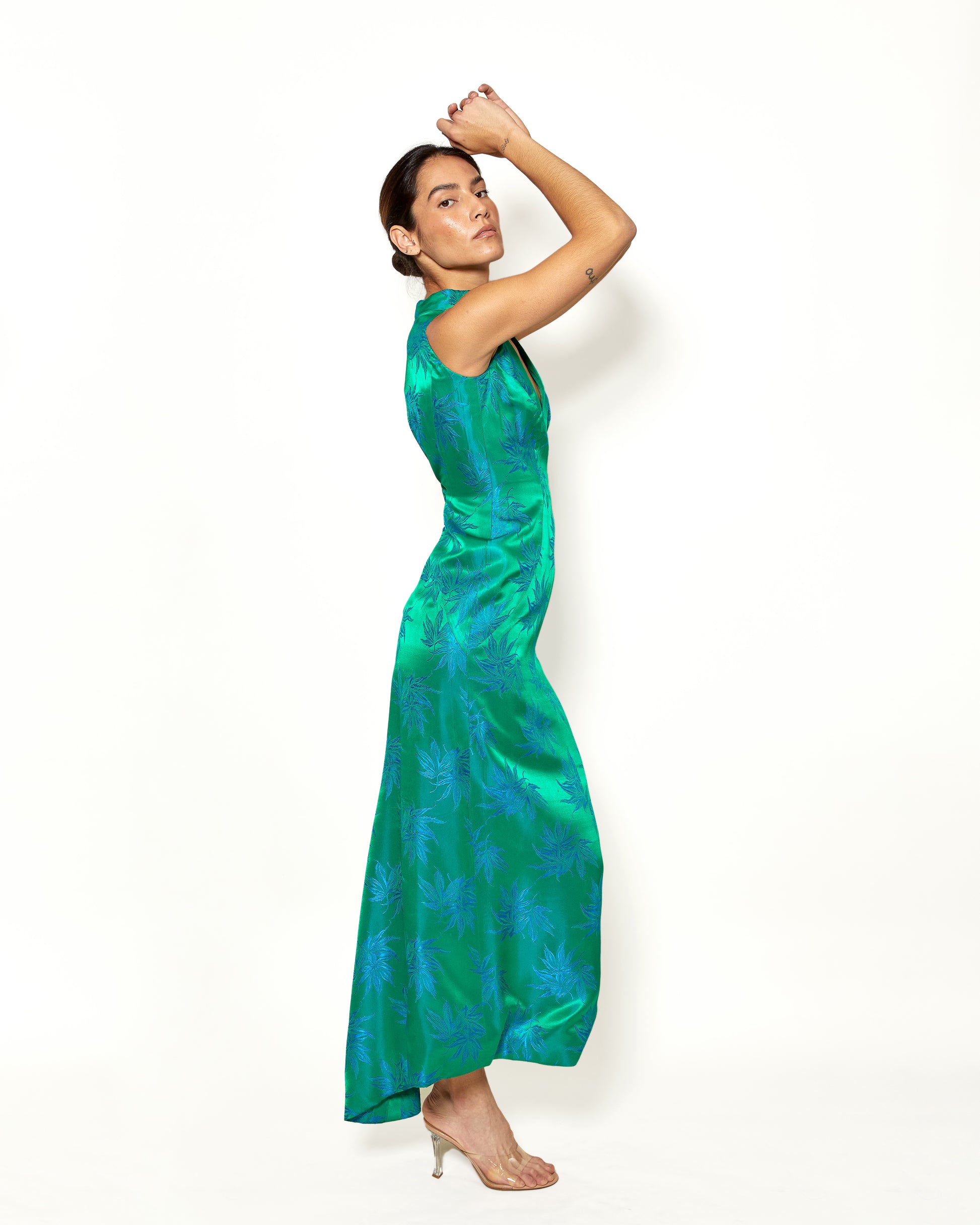Vintage Estevez Emerald Green with Blue Flowers Silk Gown - The Kit Vintage