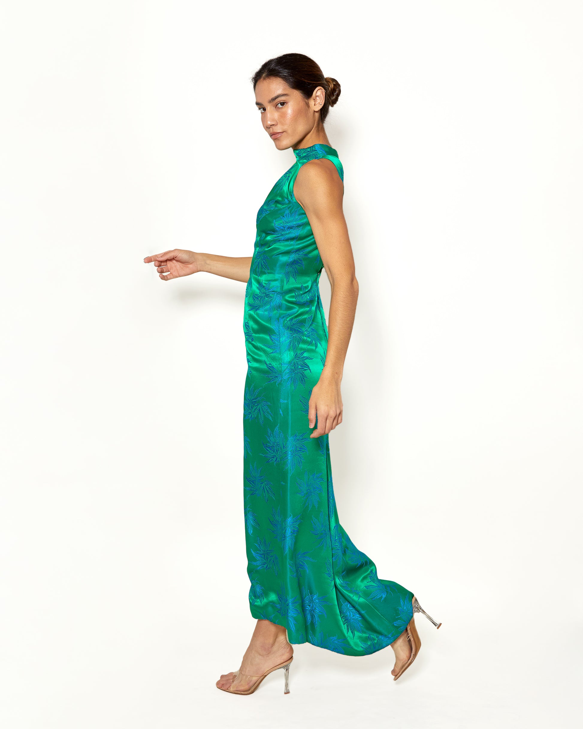 Vintage Estevez Emerald Green with Blue Flowers Silk Gown - The Kit Vintage