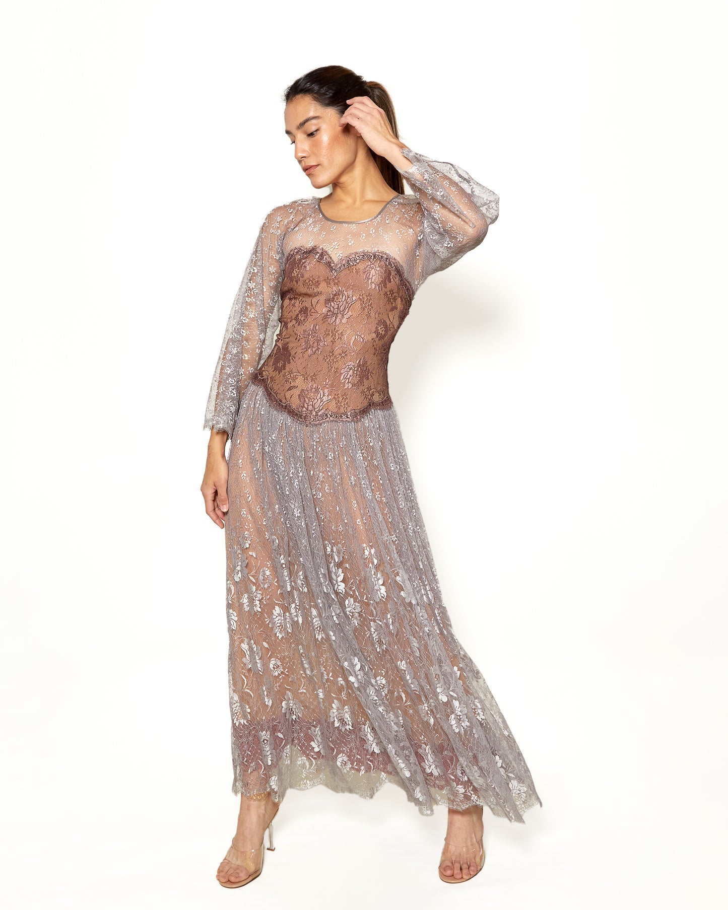 Documented Fall 1983 Vintage Geoffrey Beene Pink/Gray Lace Corset Illusion Dress