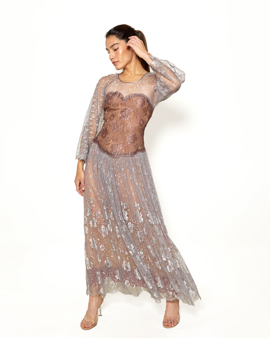 Documented Fall 1983 Vintage Geoffrey Beene Pink/Gray Lace Corset Illusion Dress - The Kit Vintage