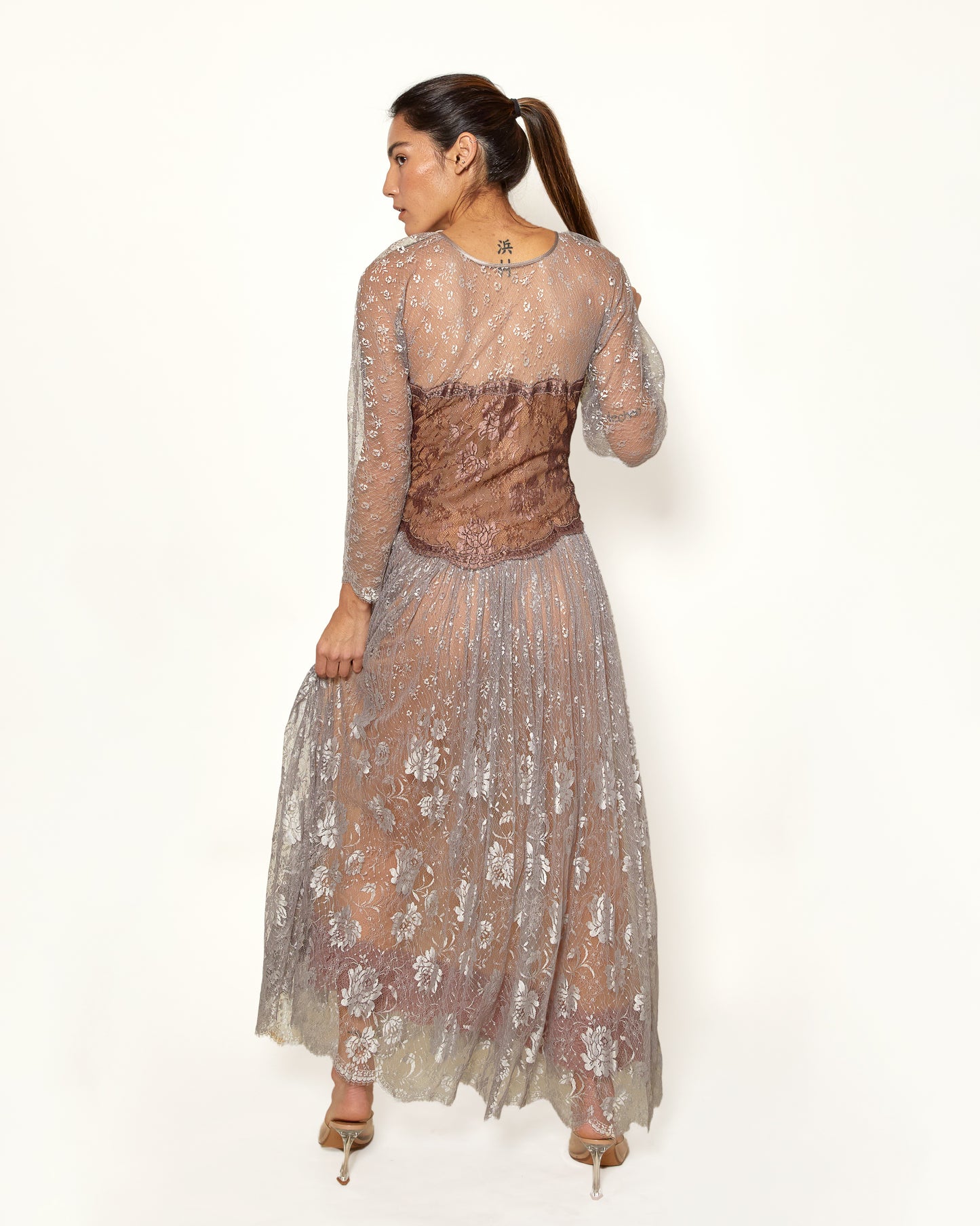 Documented Fall 1983 Vintage Geoffrey Beene Pink/Gray Lace Corset Illusion Dress - The Kit Vintage