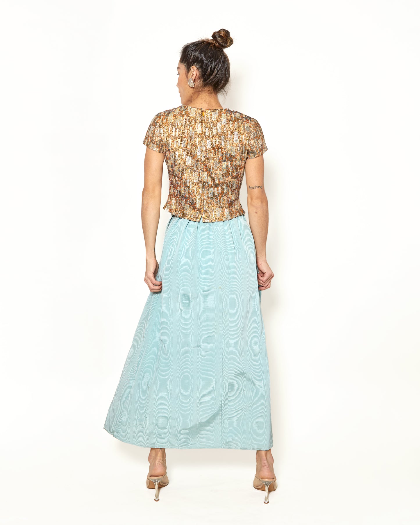 Vintage Christian Dior Couture Brocade Metallic Short-Sleeved Top back view styled with Sloat skirt