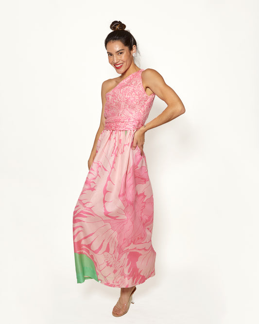 Vintage Bill Blass One Shoulder Pastel Pink and Green Floral Gown - The Kit Vintage