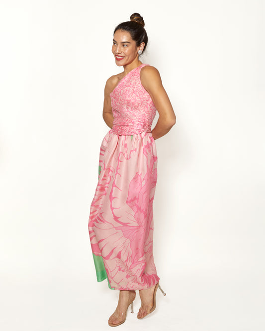 Vintage Bill Blass One Shoulder Pastel Pink and Green Floral Gown - The Kit Vintage