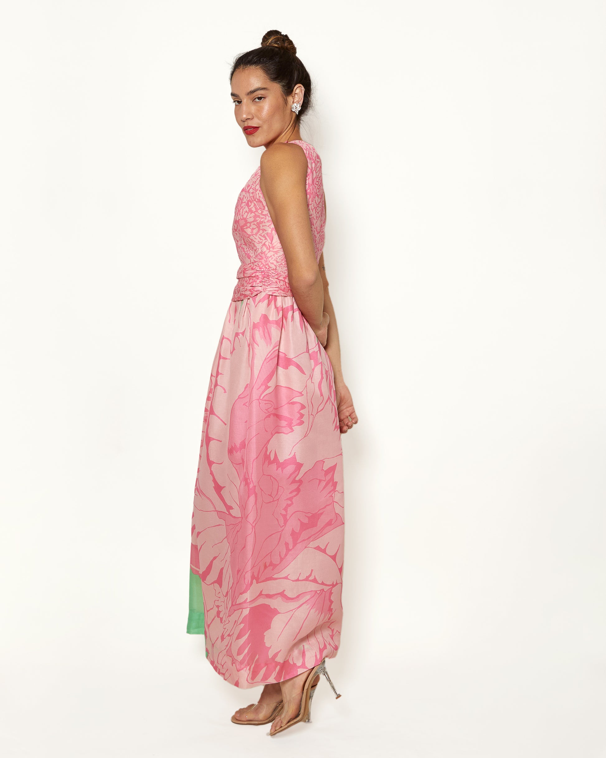 Vintage Bill Blass One Shoulder Pastel Pink and Green Floral Gown - The Kit Vintage