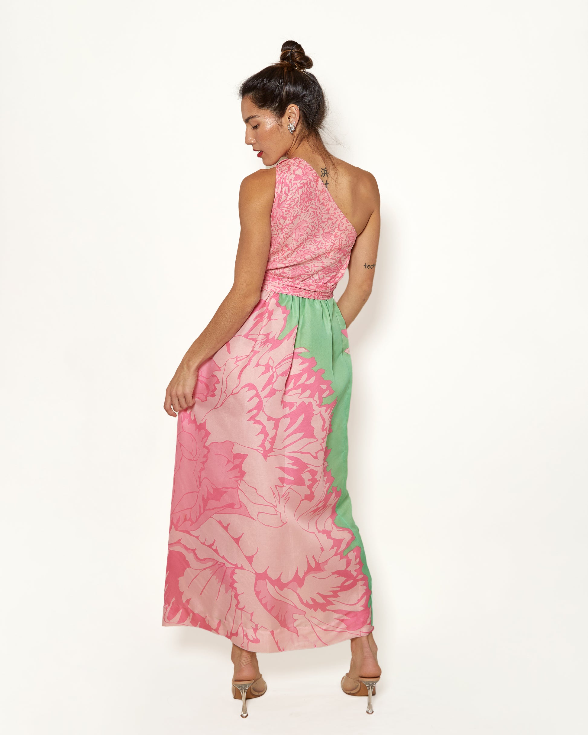 Vintage Bill Blass One Shoulder Pastel Pink and Green Floral Gown - The Kit Vintage