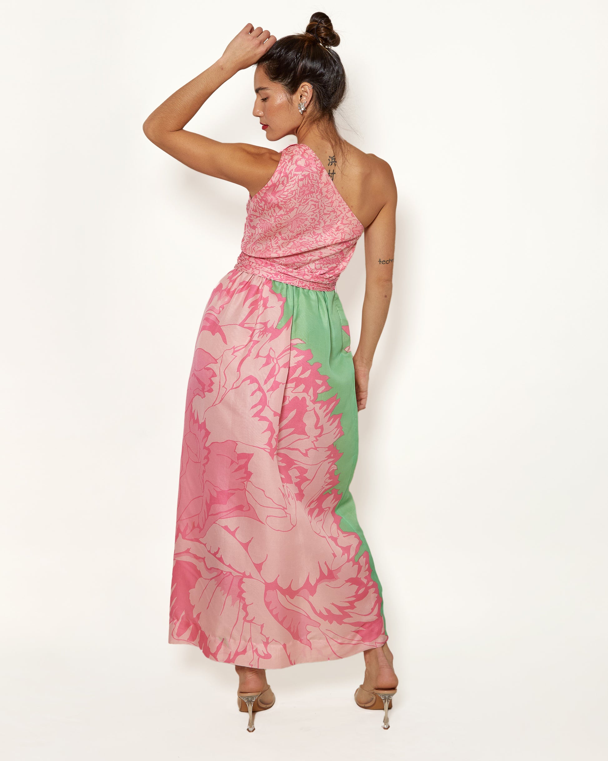 Vintage Bill Blass One Shoulder Pastel Pink and Green Floral Gown - The Kit Vintage