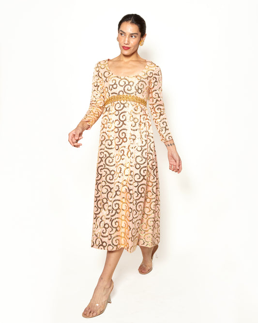 Vintage Lisa Meril Coral Colored Gold Sequin Empire Waist Dress - The Kit Vintage