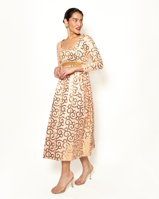 Vintage Lisa Meril Coral Colored Gold Sequin Empire Waist Dress - The Kit Vintage