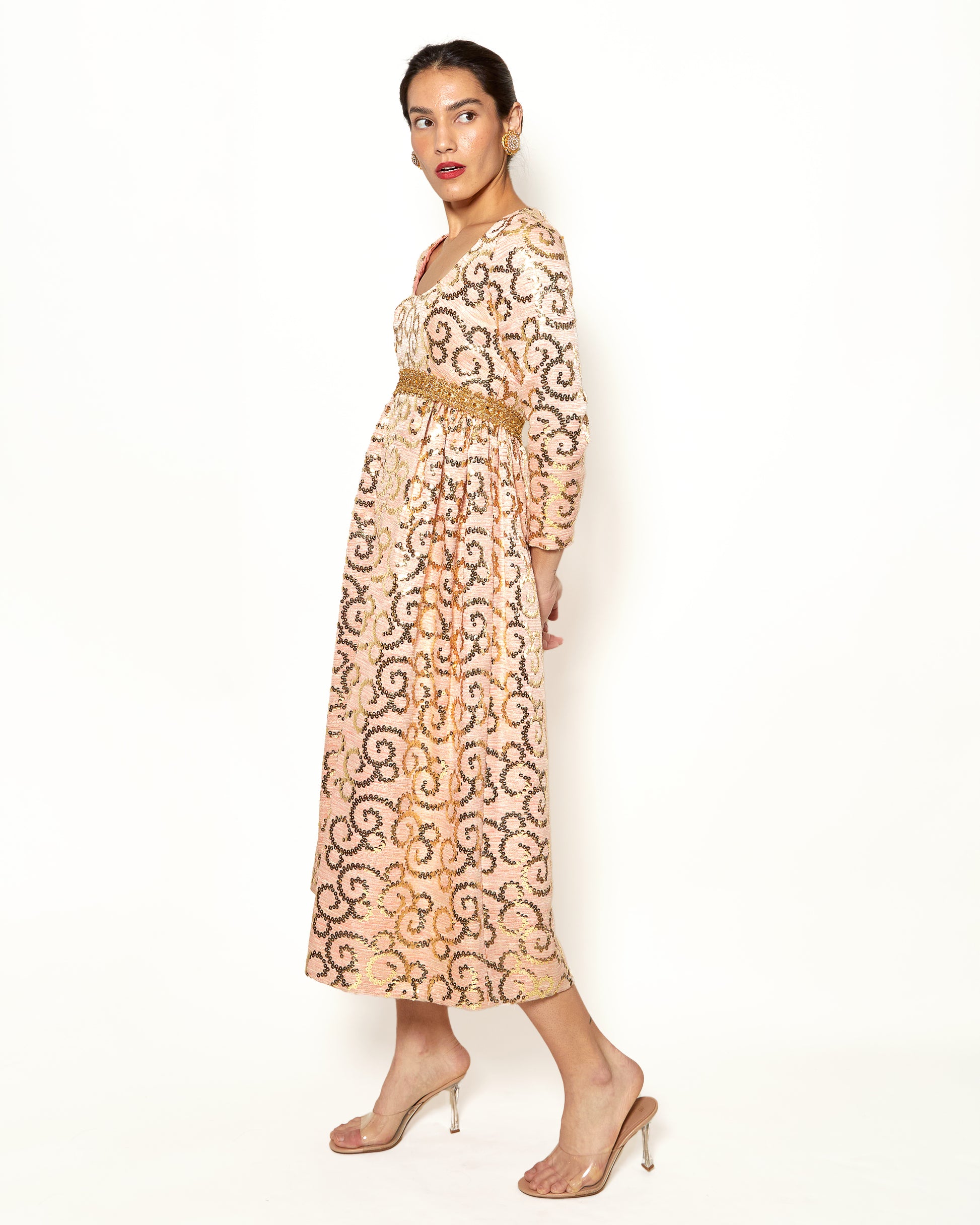 Vintage Lisa Meril Coral Colored Gold Sequin Empire Waist Dress - The Kit Vintage