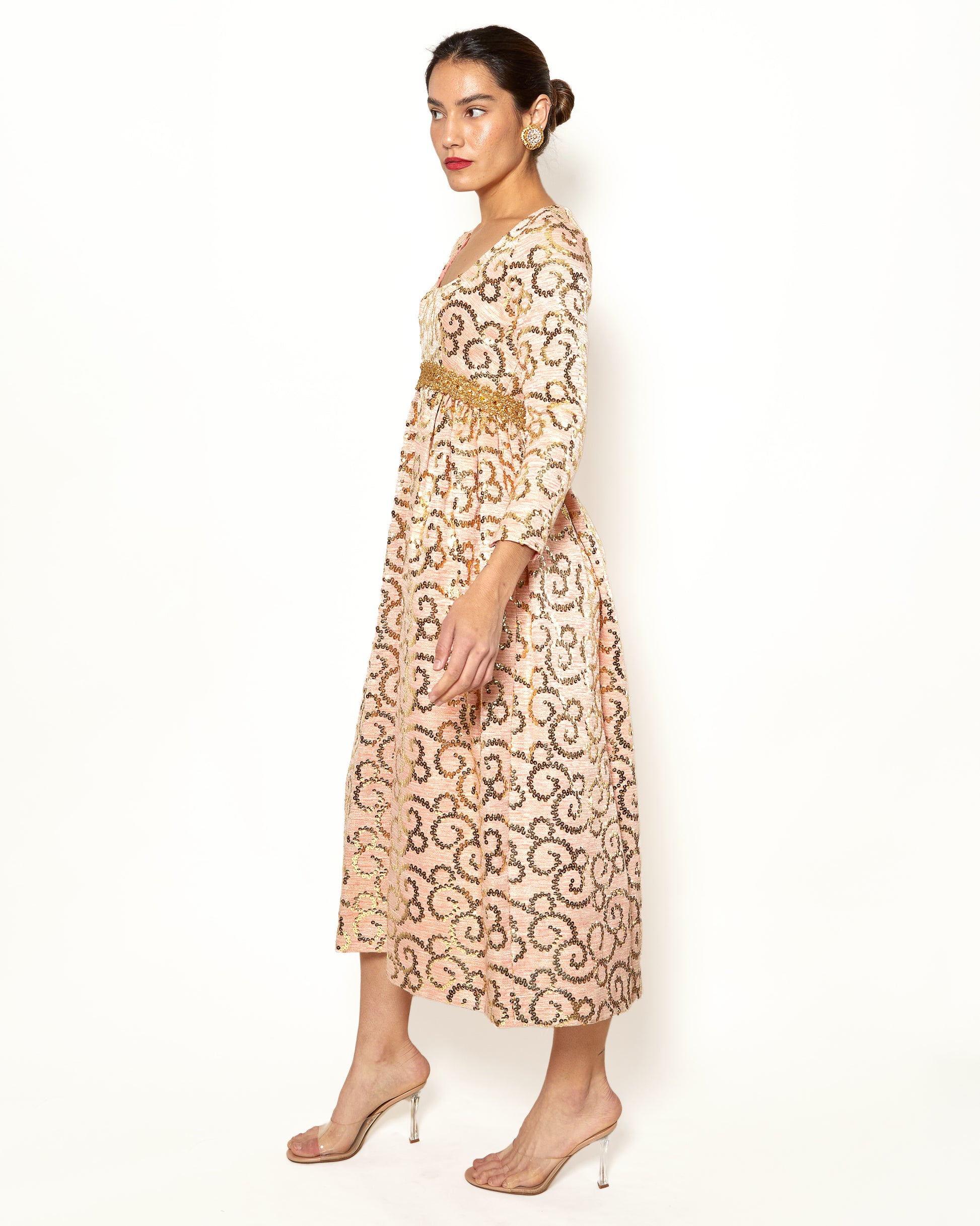 Vintage Lisa Meril Coral Colored Gold Sequin Empire Waist Dress - The Kit Vintage