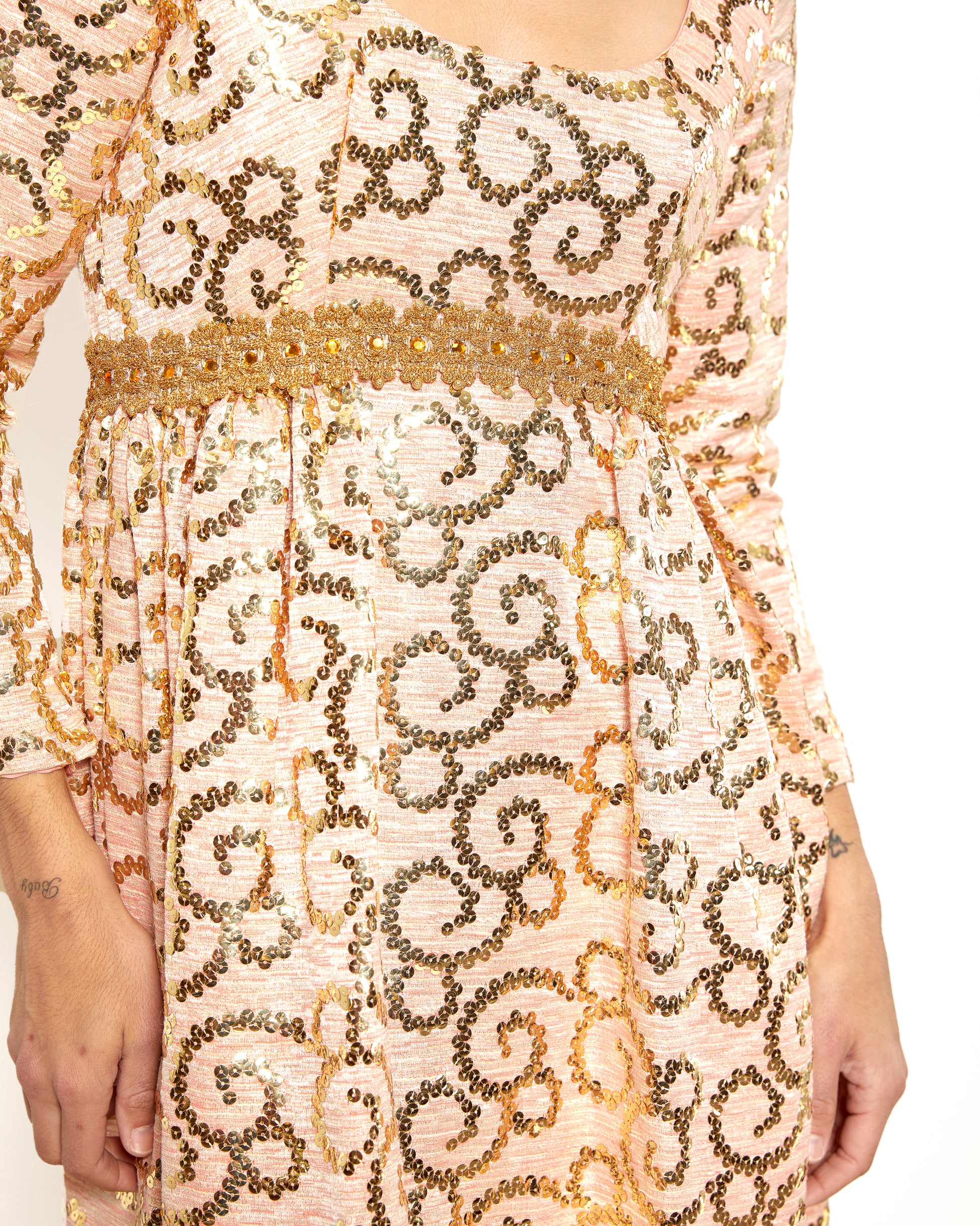Vintage Lisa Meril Coral Colored Gold Sequin Empire Waist Dress - The Kit Vintage