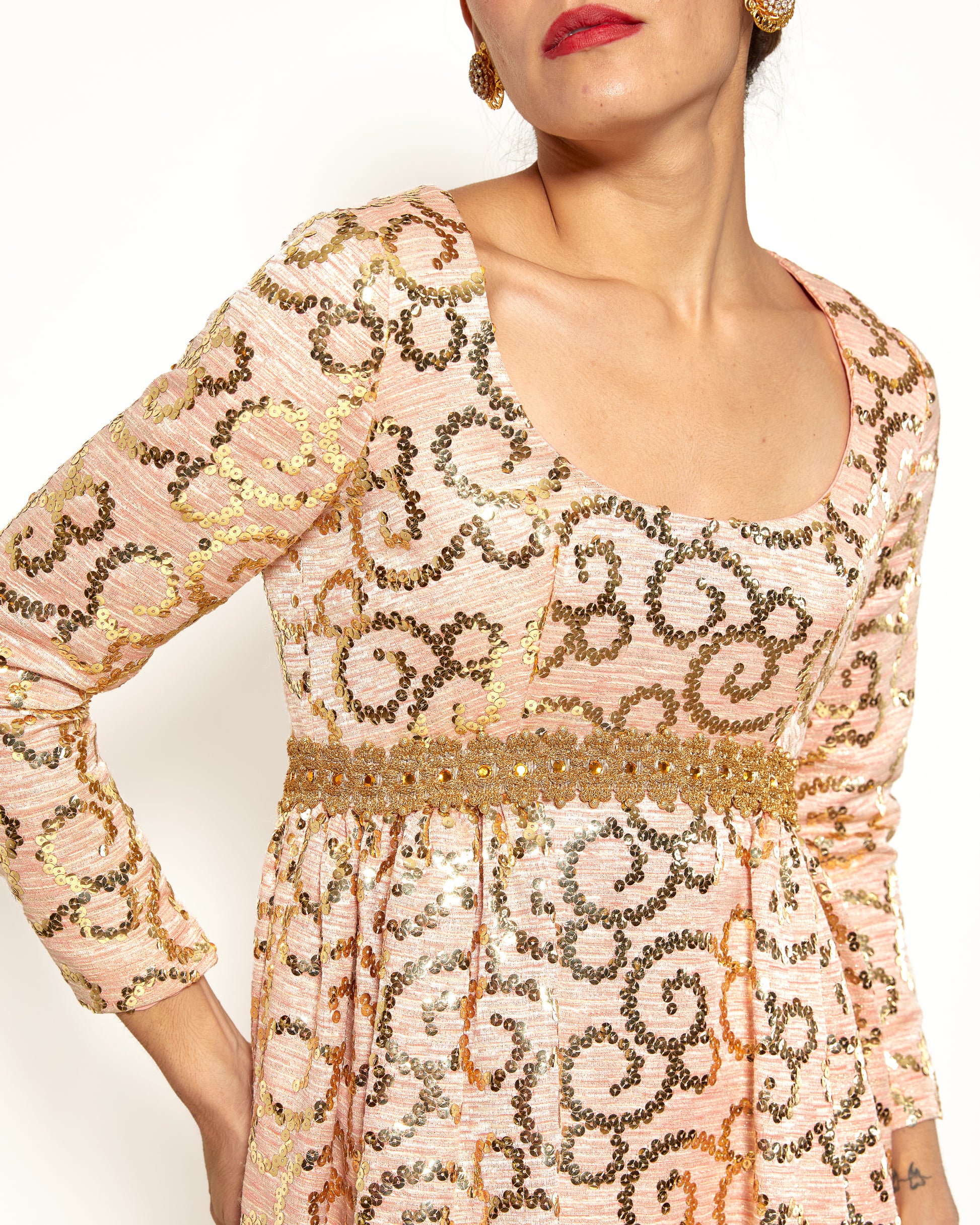 Vintage Lisa Meril Coral Colored Gold Sequin Empire Waist Dress - The Kit Vintage