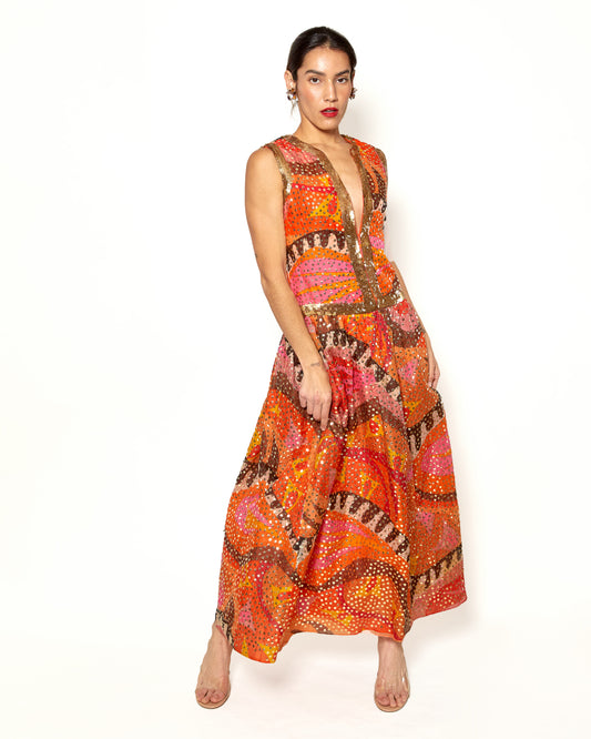 Vintage Oscar De La Renta Silk Colorful Gown With Gold Sequins - The Kit Vintage