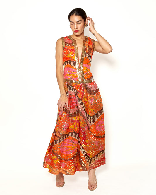 Vintage Oscar De La Renta Silk Colorful Gown With Gold Sequins - The Kit Vintage