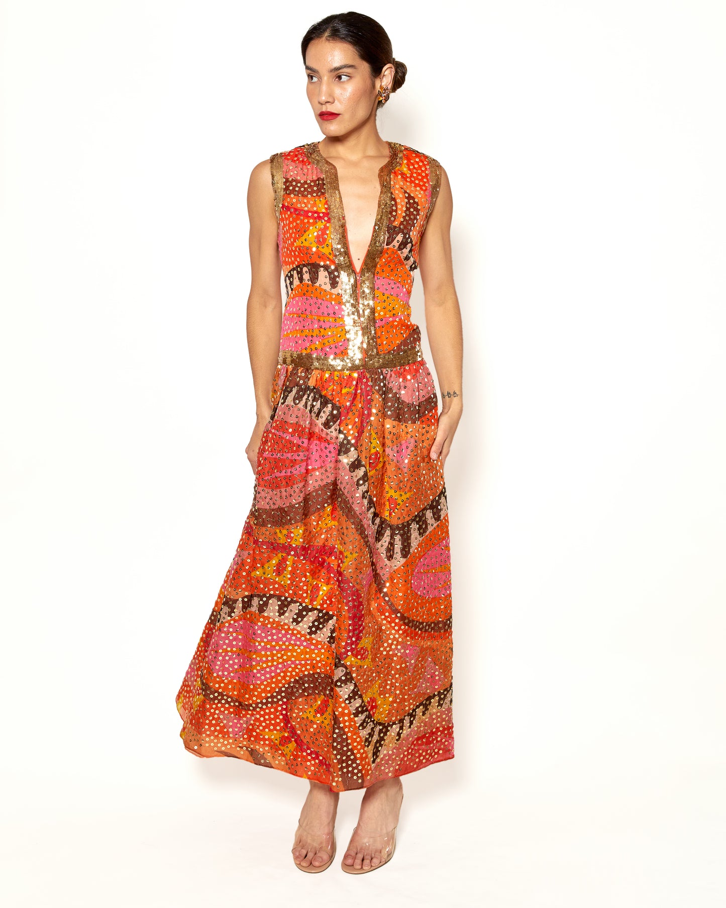 Vintage Oscar De La Renta Silk Colorful Gown With Gold Sequins additional front view