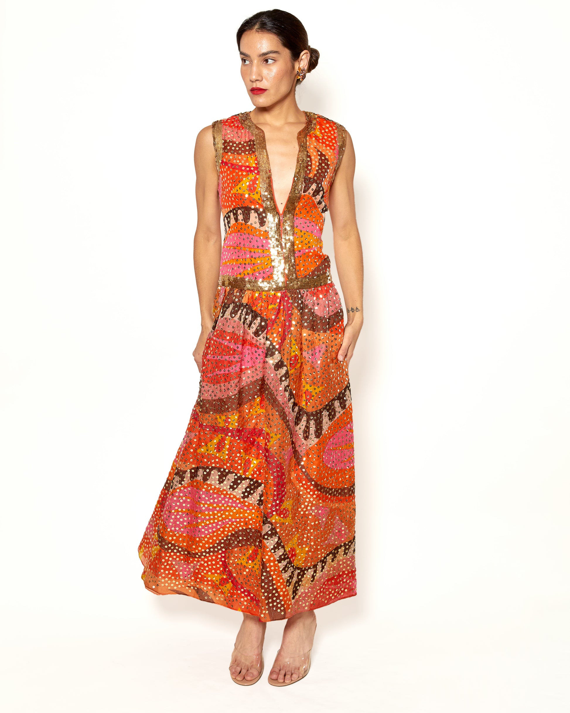 Vintage Oscar De La Renta Silk Colorful Gown With Gold Sequins - The Kit Vintage