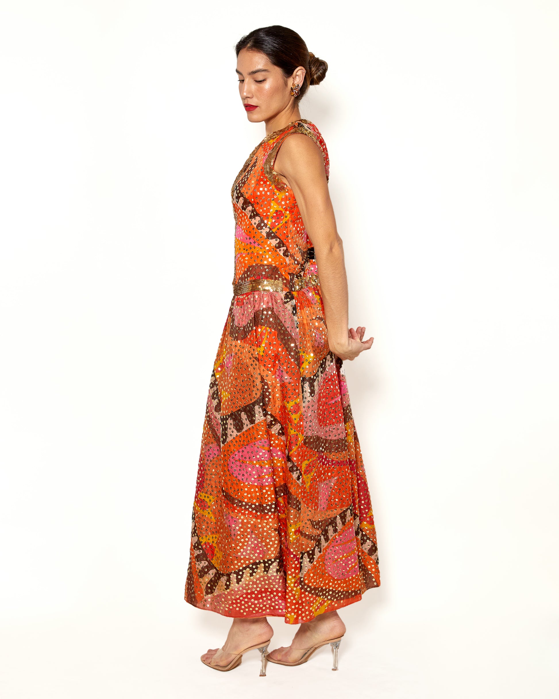 Vintage Oscar De La Renta Silk Colorful Gown With Gold Sequins - The Kit Vintage