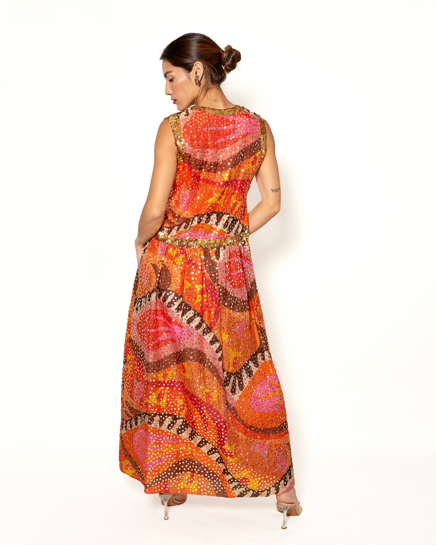 Vintage Oscar De La Renta Silk Colorful Gown With Gold Sequins back view