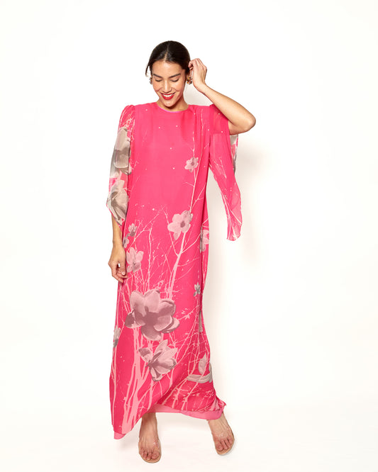 Vintage Hanae Mori Silk Chiffon Floral Print Petal Sleeve Dress - The Kit Vintage