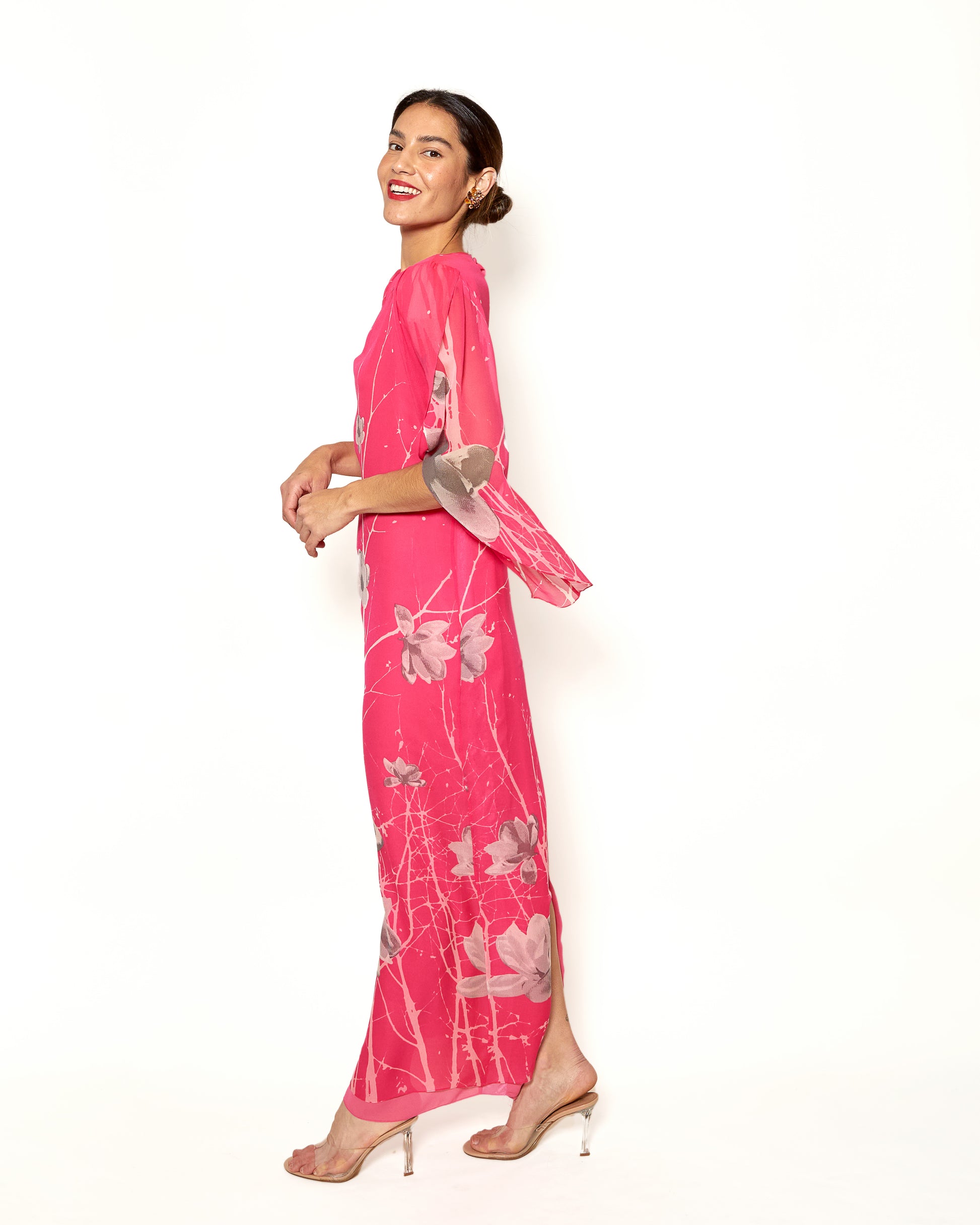 Vintage Hanae Mori Silk Chiffon Floral Print Petal Sleeve Dress - The Kit Vintage