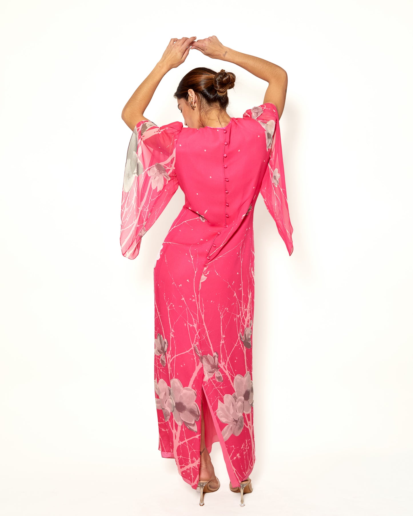 Vintage Hanae Mori Silk Chiffon Floral Print Petal Sleeve Dress