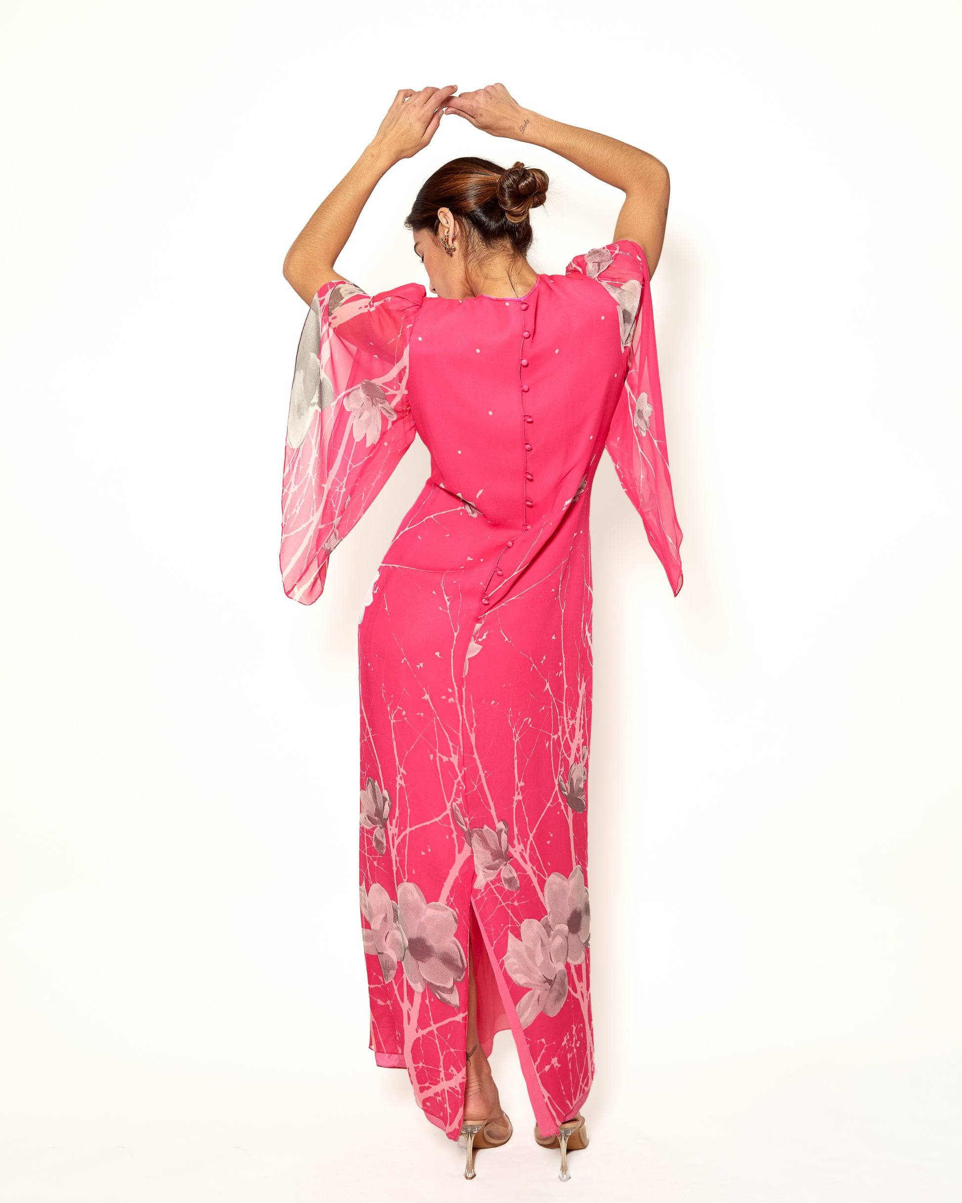 Vintage Hanae Mori Silk Chiffon Floral Print Petal Sleeve Dress - The Kit Vintage