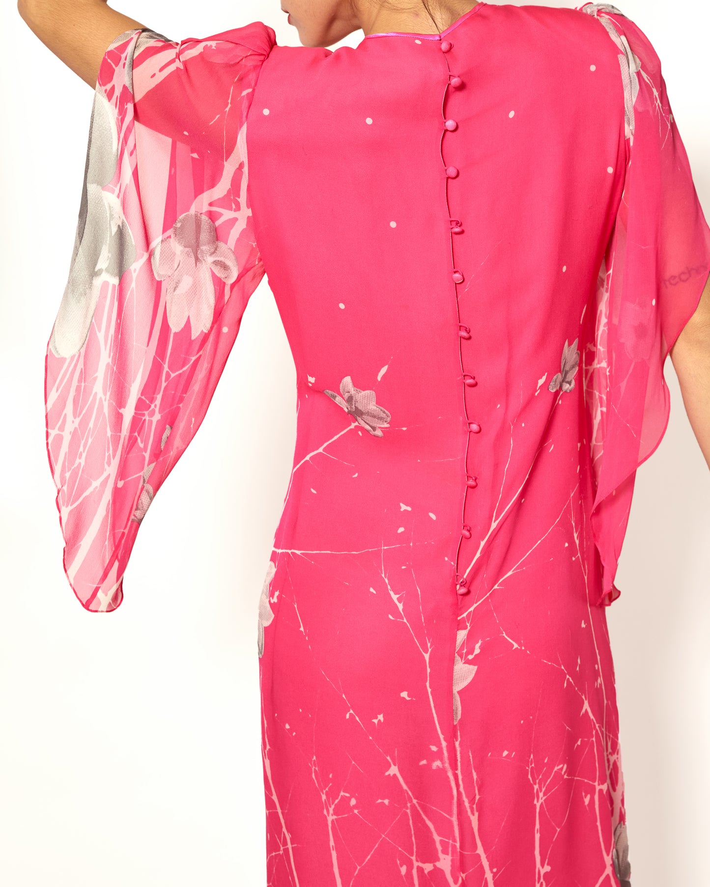 Vintage Hanae Mori Silk Chiffon Floral Print Petal Sleeve Dress