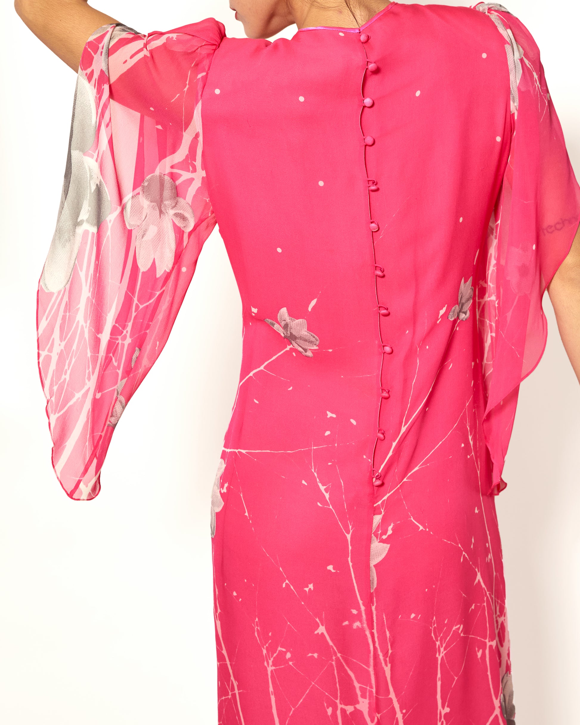 Vintage Hanae Mori Silk Chiffon Floral Print Petal Sleeve Dress - The Kit Vintage