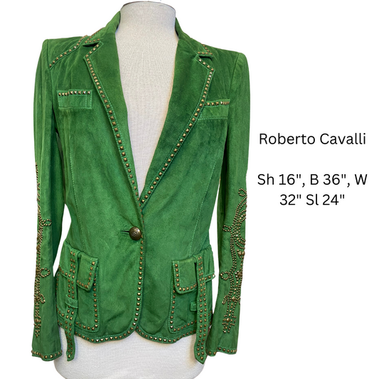 Roberto Cavalli Green Leather Jacket with Gold Studs & Back Corset - The Kit Vintage