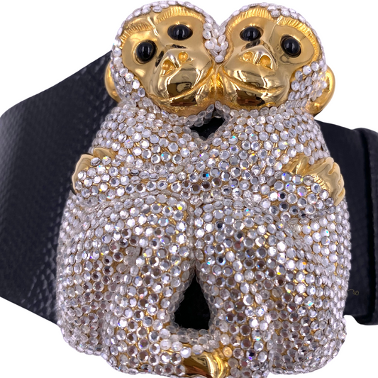 Judith Leiber Crystal Monkeys Buckle Black Lizard Belt - The Kit Vintage