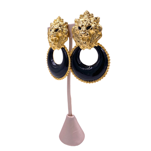Lion Gold Doorknockers with Black Enamel Hoop - The Kit Vintage
