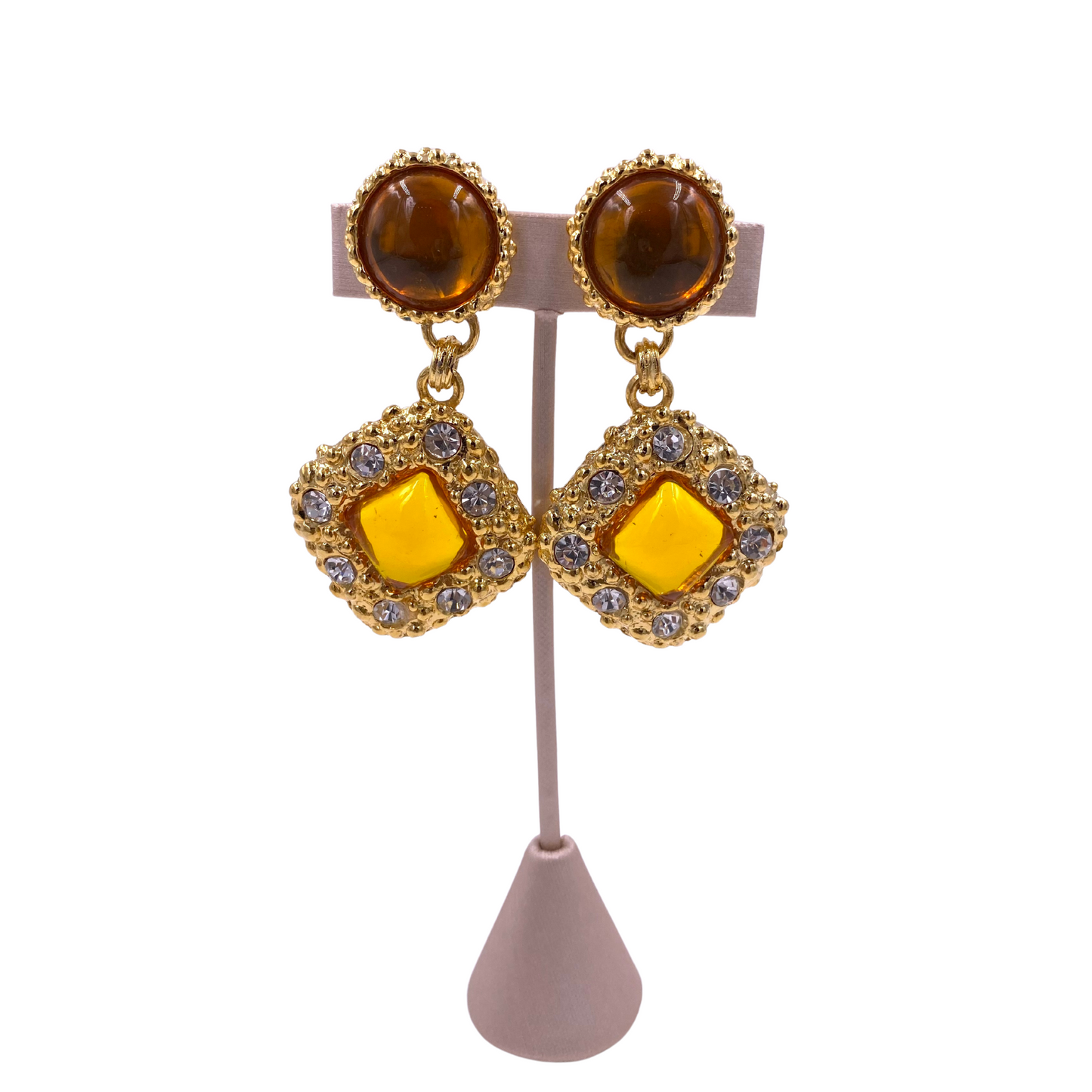 French Citrine Colored Drop Earrings with Crystals