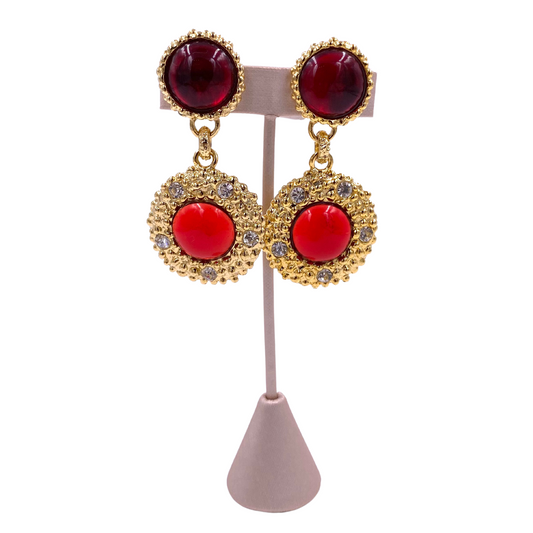 French Red Stone Drop Earrings with Crystals - The Kit Vintage
