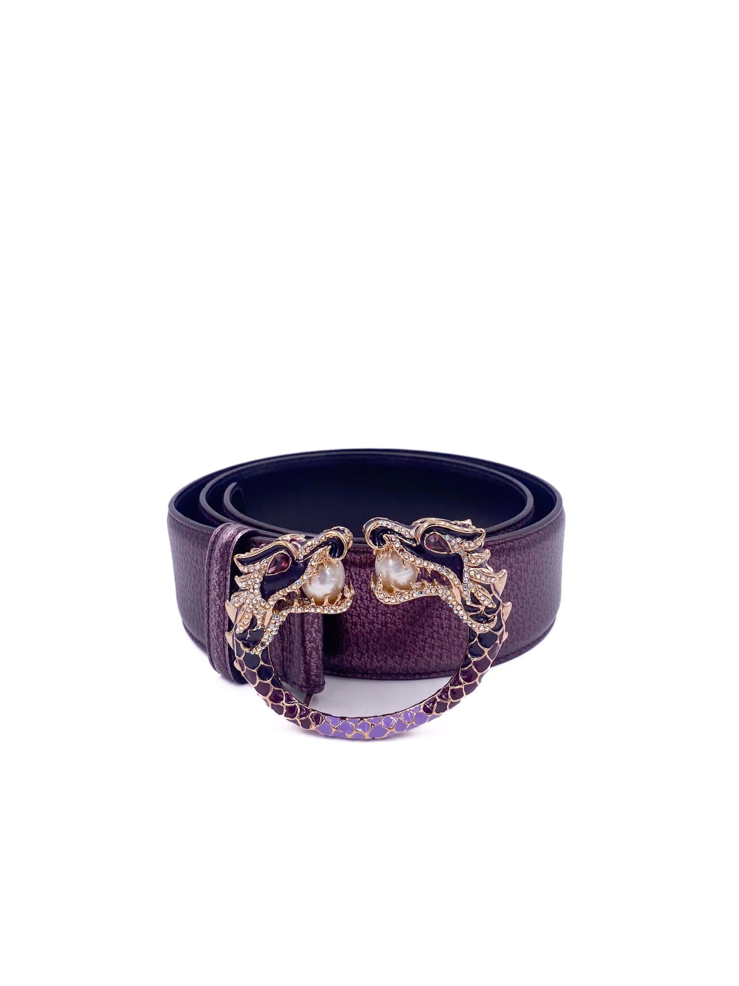 Gucci Tom Ford 2004 Purple Metallic Belt with Enamel Rhinestone and Pearl Dragon Buckle
