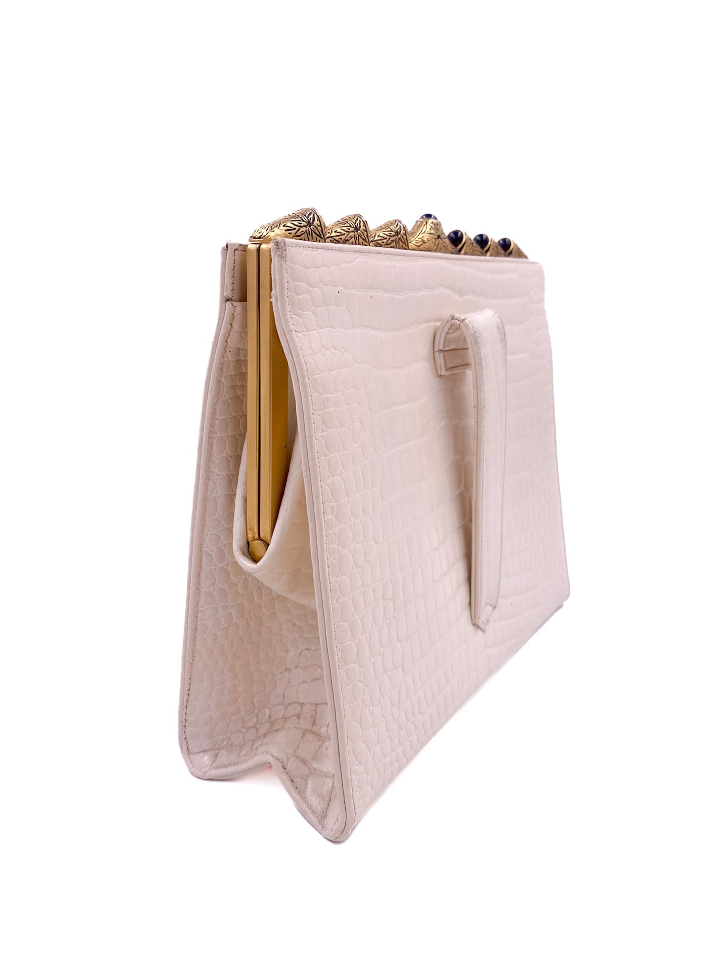 Vintage Susan Gail White Faux Clutch Crocodile Texture With Gold Trim Handle