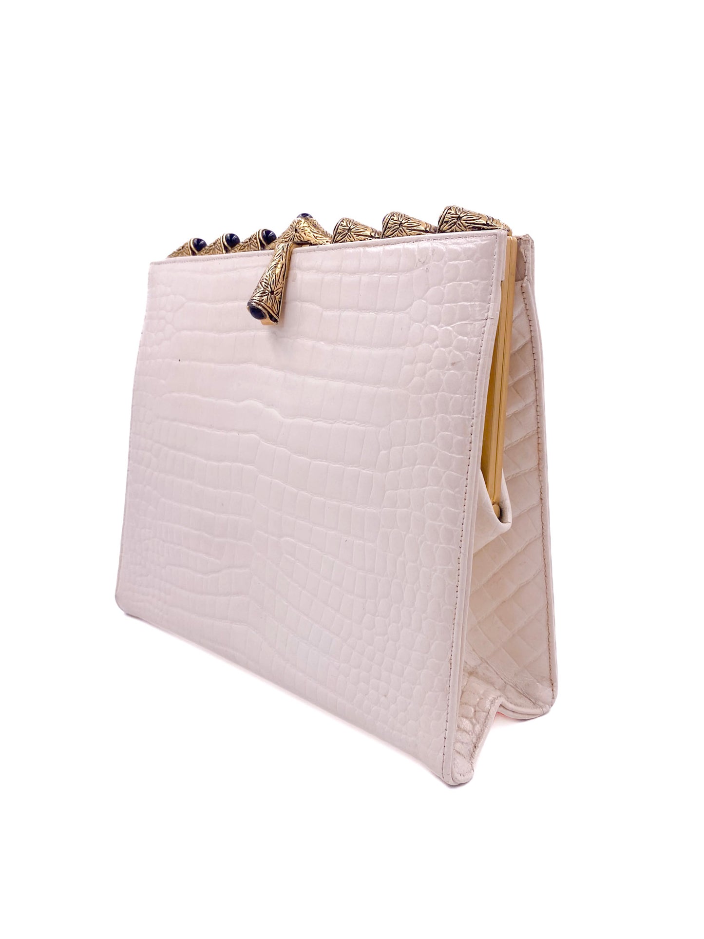 Vintage Susan Gail White Faux Clutch Crocodile Texture With Gold Trim Handle