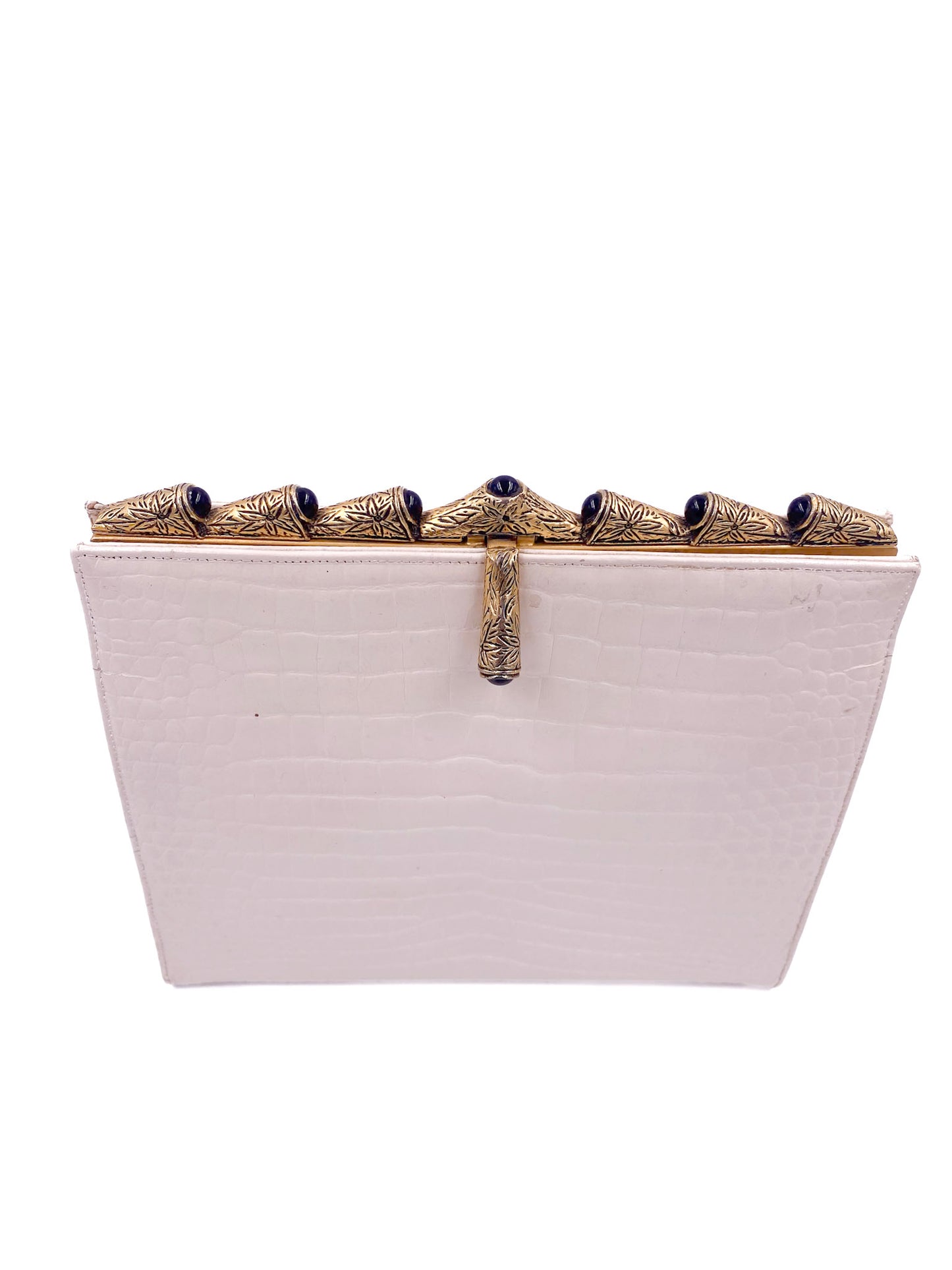 Vintage Susan Gail White Faux Clutch Crocodile Texture With Gold Trim Handle