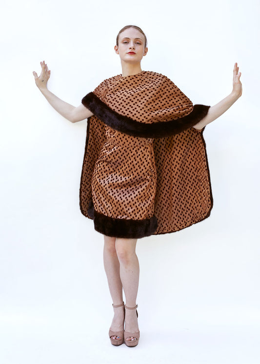 Vintage Brown Polka Dot 1960's Mink Dress & Cape set - The Kit Vintage