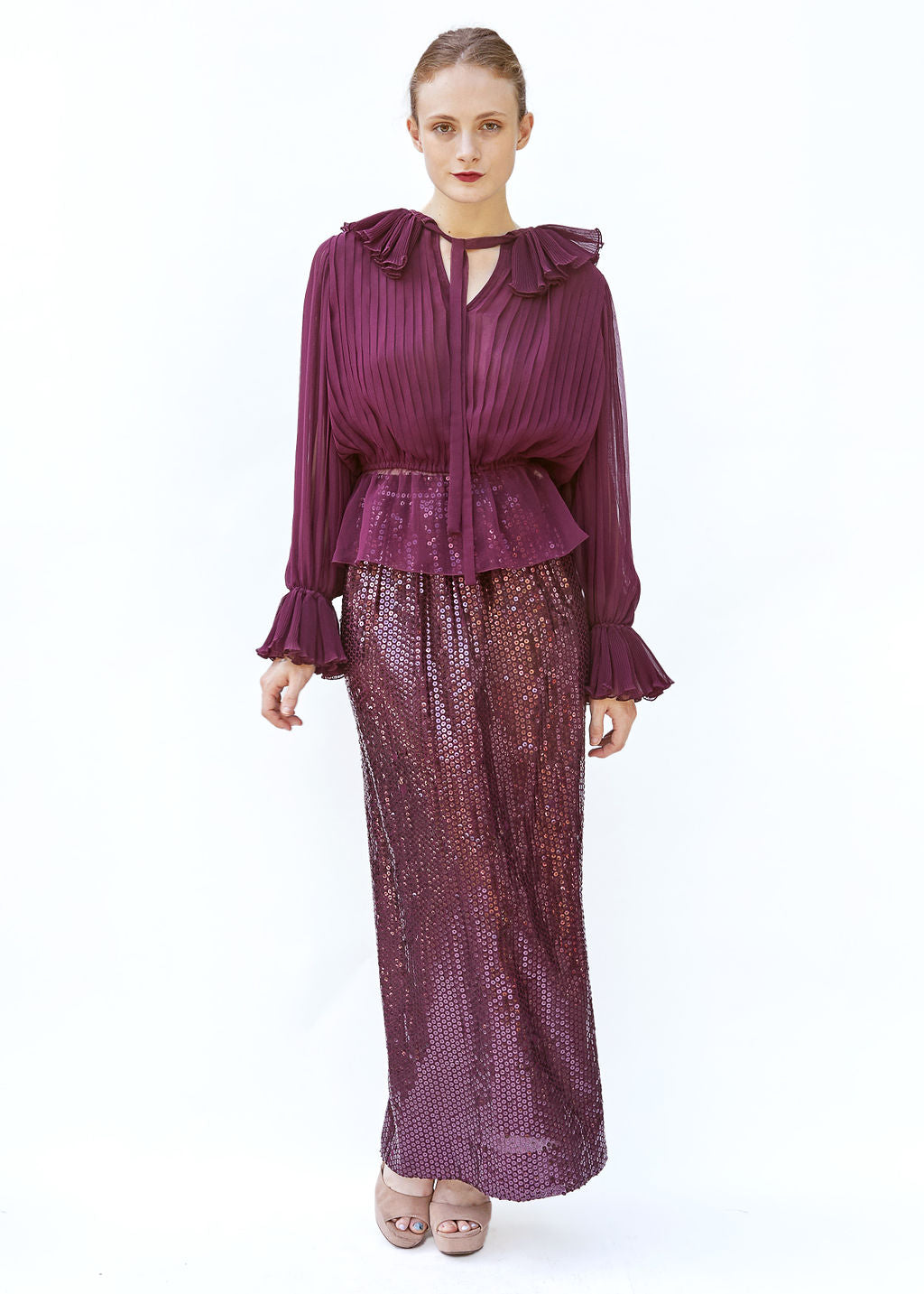 Oscar De La Renta Burgundy Sequin Skirt & Pleated Peplum Blouse Set - The Kit Vintage