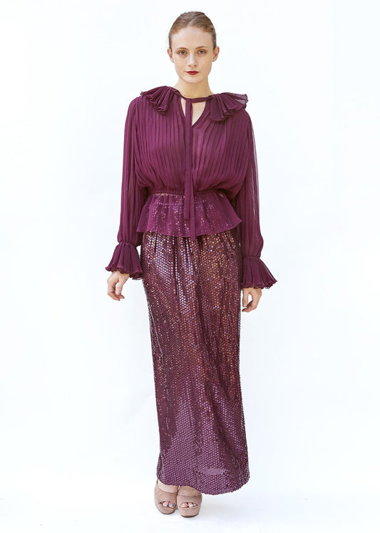Oscar De La Renta Burgundy Sequin Skirt & Pleated Peplum Blouse Set - The Kit Vintage